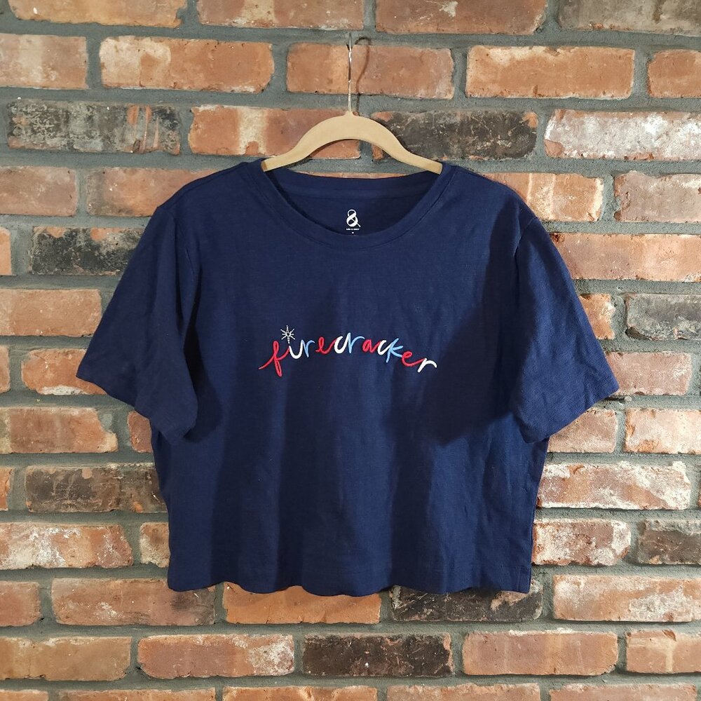 Lou & Grey Embroidered Firecracker Slub Knit Boxy T-shirt USA July 4th Women's M
